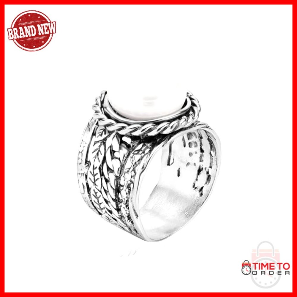Sterling Silver Statement Ring Braid Leaf Pearl V… - image 2